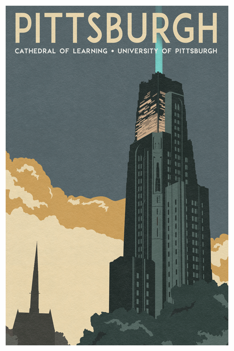 Cathedral of Learning (Victory Lights) [Vintage Pittsburgh Travel Poster]